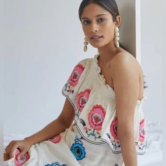 Anthropologie One Shoulder Sundress Ruffles Embroidered Floral Tan Pink Size S - Picture 3 of 13